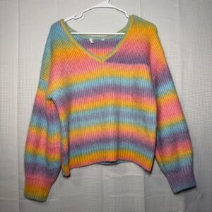No Boundaries Rainbow Striped Sweater XXL Multicolor Pastel Knit V-Neck